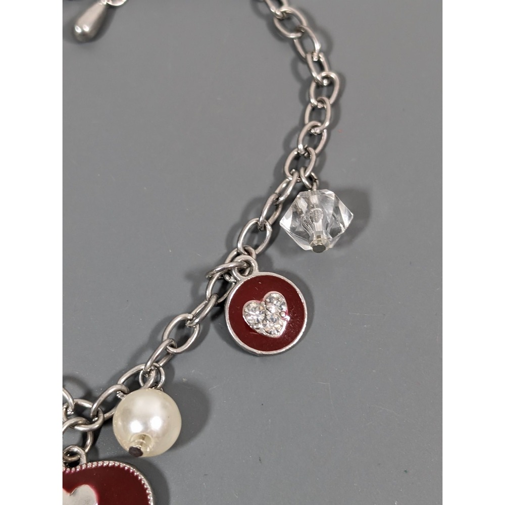 Red Heart Crown Charm Bracelet Faux Pearl Gothic Queen Style 9" - Picture 3 of 6